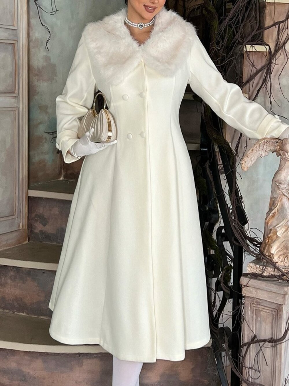 Apricot Elegant Women's Contrast Faux Fur Double Button Pocket Long Overcoat